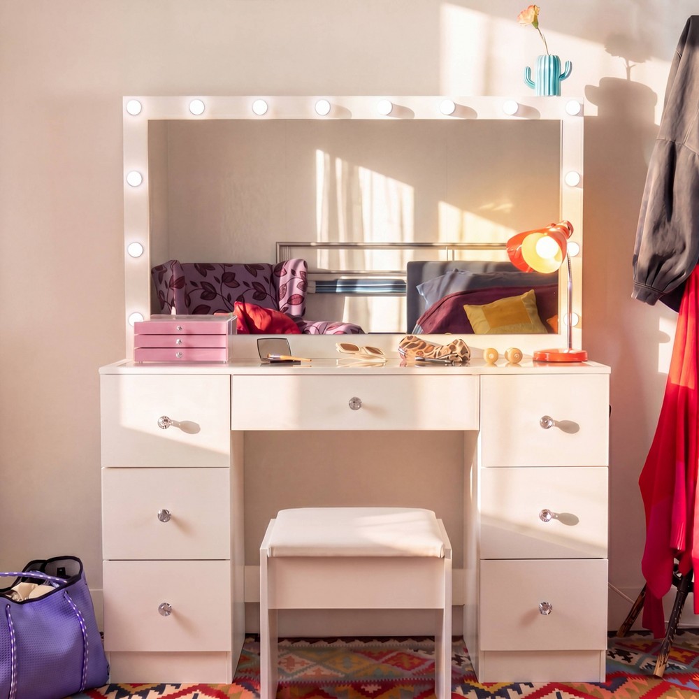Boahaus Nova Vanity Desk with Framed Bulb Mirror & Stool 7 Drawer Integrated Makeup Station White