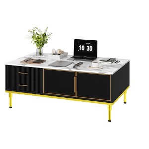 Faux Marble Coffee Table, Rectangle Fluted Cocktail Table with 4 Drawers, 4 Glass Doors, Modern Center Table with Metal Legs for Living Room, Bedroom - 1 of 4
