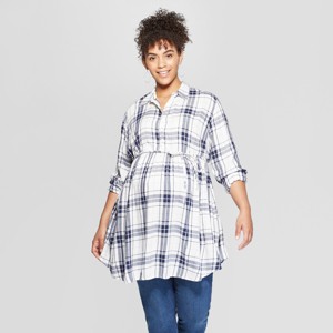 Maternity Long Sleeve Plus Size Plaid Flannel Peplum Hem Shirt - Isabel Maternity by Ingrid & Isabel White 1X, Women