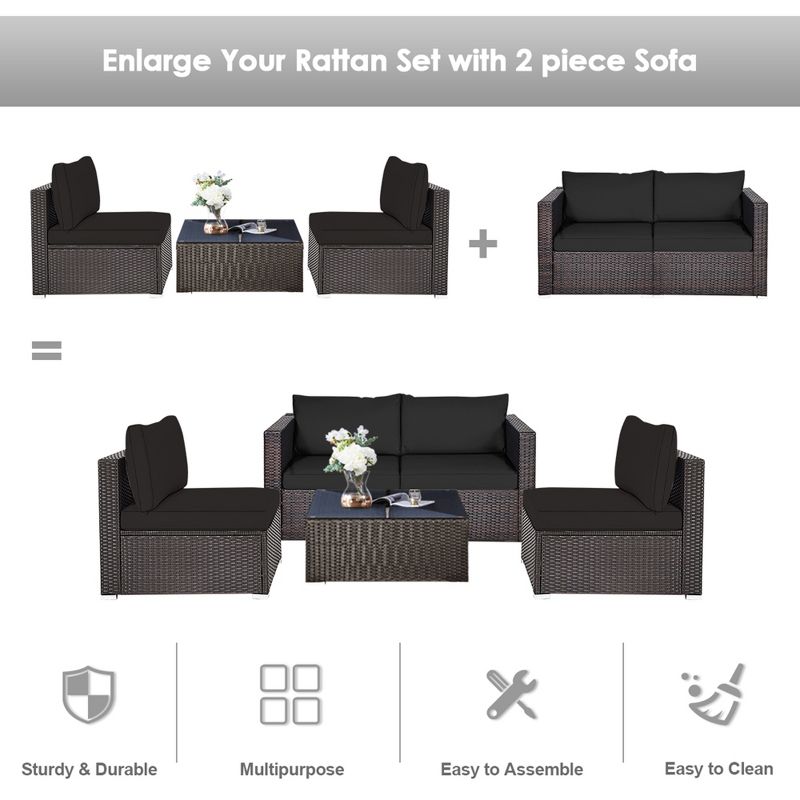 Tangkula 2PCS Rattan Corner Sofa Set Patio Outdoor Furniture Set w/ 4 Black Cushions, 5 of 11