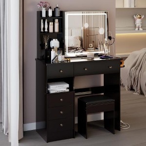 Bellemave 37" Vanity Desk with Sliding Mirror & Light,Vanity Set with  Cushioned Stool, Hair Dryer Stand,Power Outlet,Dressing Table for Bedroom, Black : Target
