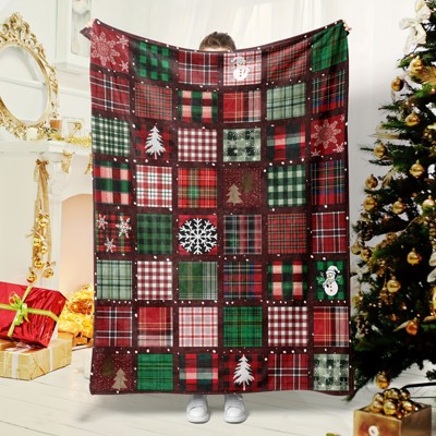 1pc Christmas Winter Flannel Blanket Christmas Tree Snowflake Buffalo Plaid Red Green White Soft Throw Blanket for Xmas Holiday.