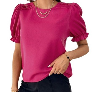 Coolmee Women Summer Blouse Casual Puff Short Sleeve Tops Fashion Crew Neck Tunic Shirts - 1 of 4