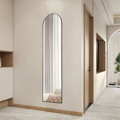 GlasFlength Full Length Mirrors Floor Standing Mirror, Wall Mirror with Stand Aluminum Alloy Thin Frame, Arched Black 59"*11"*16"