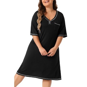 Agnes Orinda Women's Plus Size Stitched Knitted Short Sleeve V Neck Comfy Soft Casual Nightgown - 1 of 4