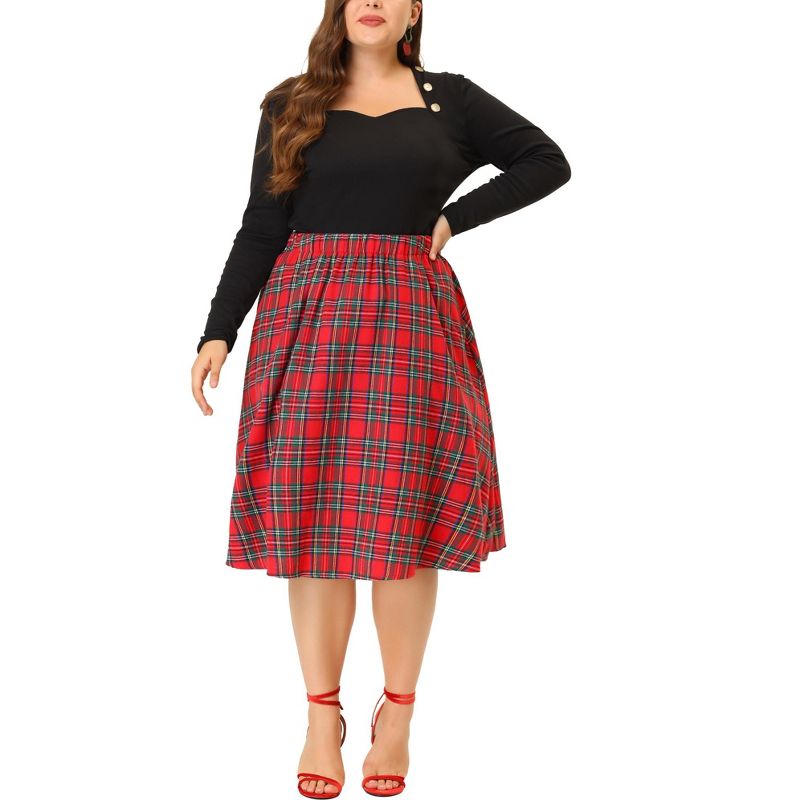 Agnes Orinda Women's Plus Size Velvet Plaid Elastic Waist Flare Fall A Line Skirts, 2 of 6