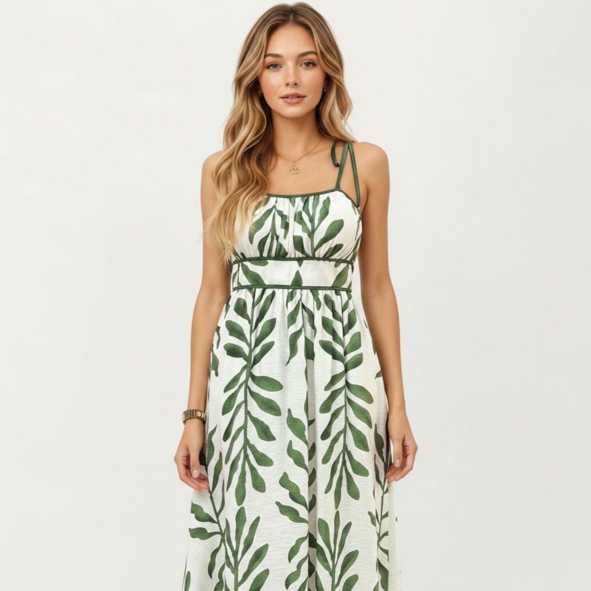 Anna-Kaci Women's Sleeveless Midi Dress with Leaf Print Tie Shoulder Straps Smocked Back Flowy A-Line Silhouette - thumbnail 3