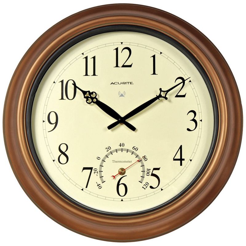 18&#34; Metal Outdoor/Indoor Atomic Wall Clock with Thermometer - Copper Finish - AcuRite, 1 of 6