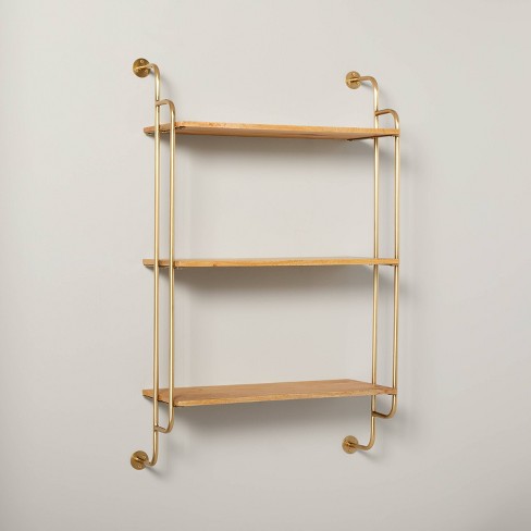 Wood & Brass Decorative 3-tier Wall Shelf - Hearth & Hand™ With