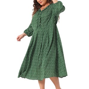 Agnes Orinda Women's Plus Size Long Sleeve V-Neck Sweetheart Print Midi Ruffle Tunic Dresses - 1 of 4