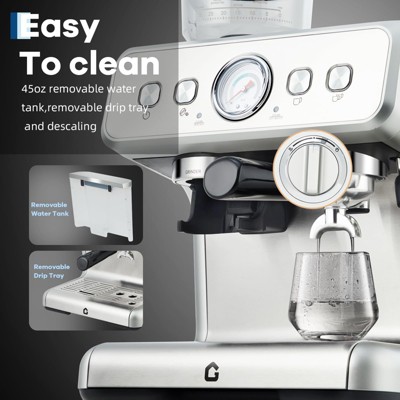 20 Bar Pressure Stainless Steel Espresso Machine with Grinder, 2.8L Removable Water Tank, Milk Frother Steam Wand