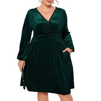 Womens Plus Size Boho V Neck Long Lantern Sleeve Ruffle Floral Wrap Dress Velvet Party Cocktail Midi Dress, Dark Green, 5XL