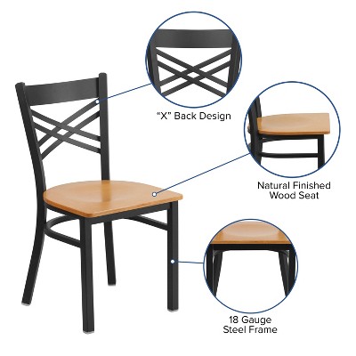 High Black Metal Cross Back Side Chair with Natural Wood Seat