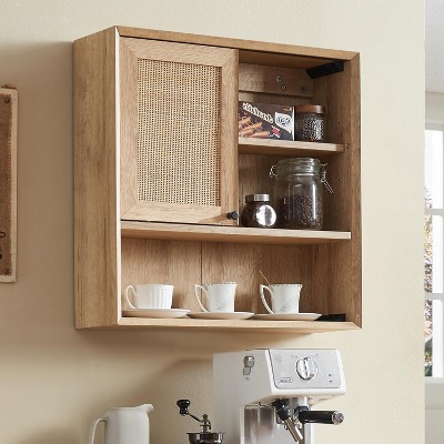 Natural Rattan Bathroom Wall Cabinet with Sliding Door, Wood Hanging Cabinet with Adjustable Shelves, Over The Toilet, Bathroom Wall Cabinet, Beige