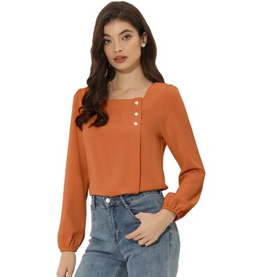 Allegra K Women's Casual Button Decor Long Sleeve Solid Square Neck Blouse