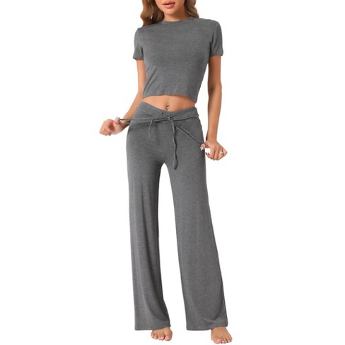 Cheibear Women s Short Sleeve Tracksuit Round Neck T shirt And Wide led Drawstring Pants Loungewear Deep Grey X small Target