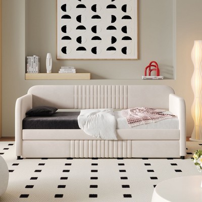NicBex Twin Size Velvet Fabric Daybed Modern Wooden Bed Frame with Trundle for Bedroom, Living Room, No Box Spring Required, Space Saving
