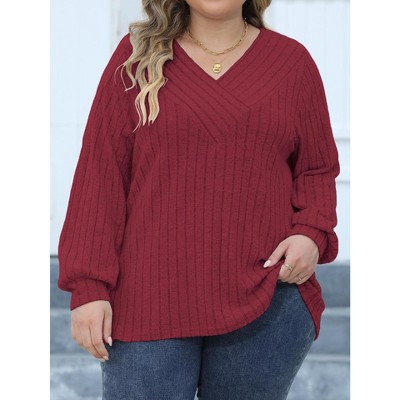 Womens Plus Size Lantern Long Sleeve Tops Shirts V Neck Casual T Shirts Fall Tunic Blouse