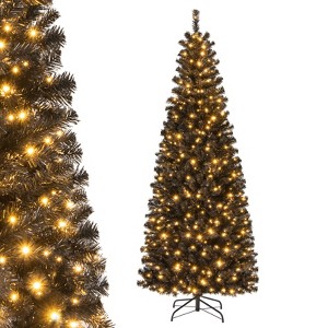 Tangkula Pre-lit Tree Hinged Artificial Pencil Tree w/ PVC Branch Tips & Warm White Lights - 1 of 4