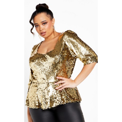 Women's Plus Size Sequin Puff Top - Bronze