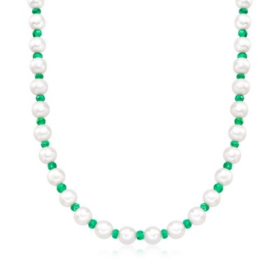 Ross-Simons 8-8.5mm Cultured Pearl and 13.00 ct. t.w. Emerald Bead Necklace With 14kt Yellow Gold