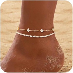 Gold Anklets for Women CZ Ankle Bracelet 14K Gold/Silver Plated Waterproof Dainty Layered - 1 of 4