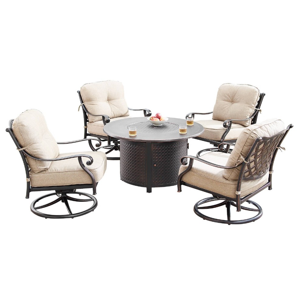 Photos - Garden Furniture 5pc Outdoor Dining Set with 44" Round Fire Table, 4 Deep Seating Swivel Ro