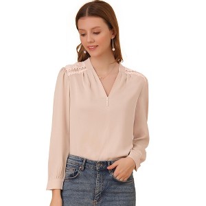 Allegra K Women's V Neck Lace Trim Casual Work Office Long Sleeve Blouse - 1 of 4