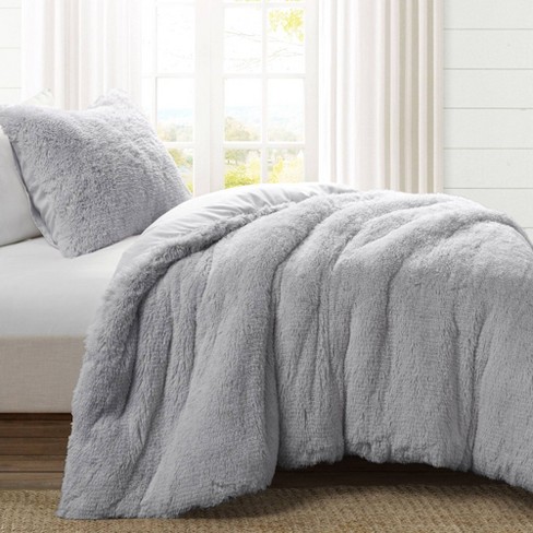 3pc Full/Queen Emma Faux Fur Comforter Set Light Gray - Lush Décor
