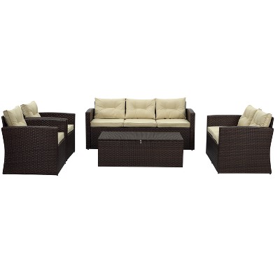 Rio 5pc All - Weather Wicker Conversation Set with Storage - Dark Brown with Beige Cushions - Thy Hom