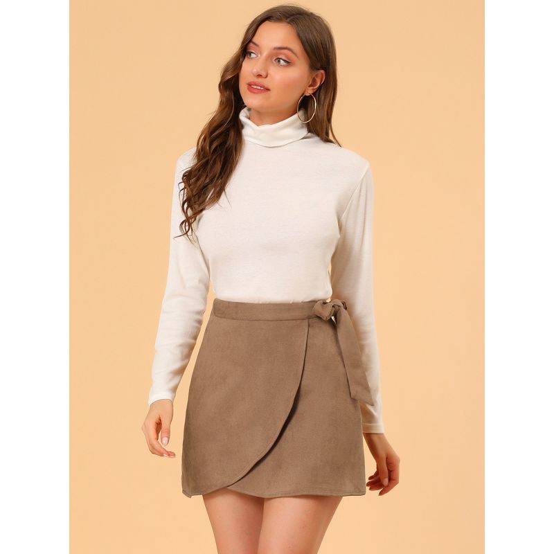Allegra K Women's Faux Suede Tie Waisted Side Zipper A-Line Wrap Mini Short Skirt, 3 of 7