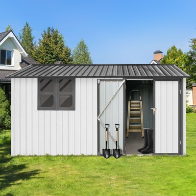 NicBex 10ftx12ft Outdoor Storage Shed with Hinged Door and Pent Roof Metal Garden Shed with Window for Backyard, Lawn, Gray+White