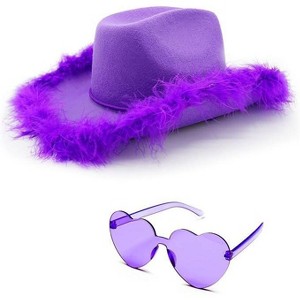 4E's Novelty Purple Cowboy Hat with Feathers & Heart Sunglasses – Fun Cowgirl Hat for Parties! - 1 of 4