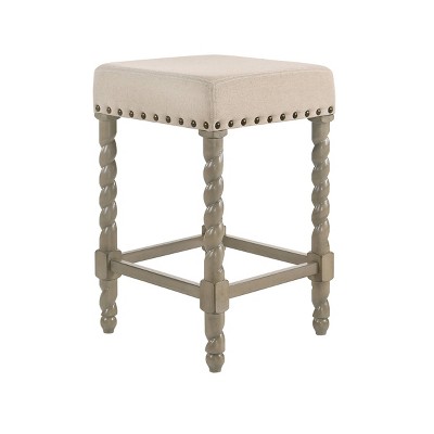 Weathered Gray 24" Rustic Farmhouse Metal & Wood Barstool with Leather Linen Seat