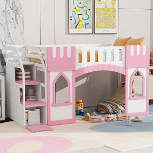 NicBex Twin Size Loft Bed Castle Shape Pine Bed Frame with 2 Windows, Storage Stairs and Full Length Guardrail, No Box Spring Required, Pink - 1 of 4