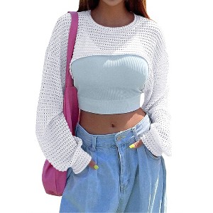 Womens Pullover Crochet Sweater Crew Neck Cropped Tops Shrugs Waffle Knit Crochet See Through Knit Top Cover Ups - 1 of 4