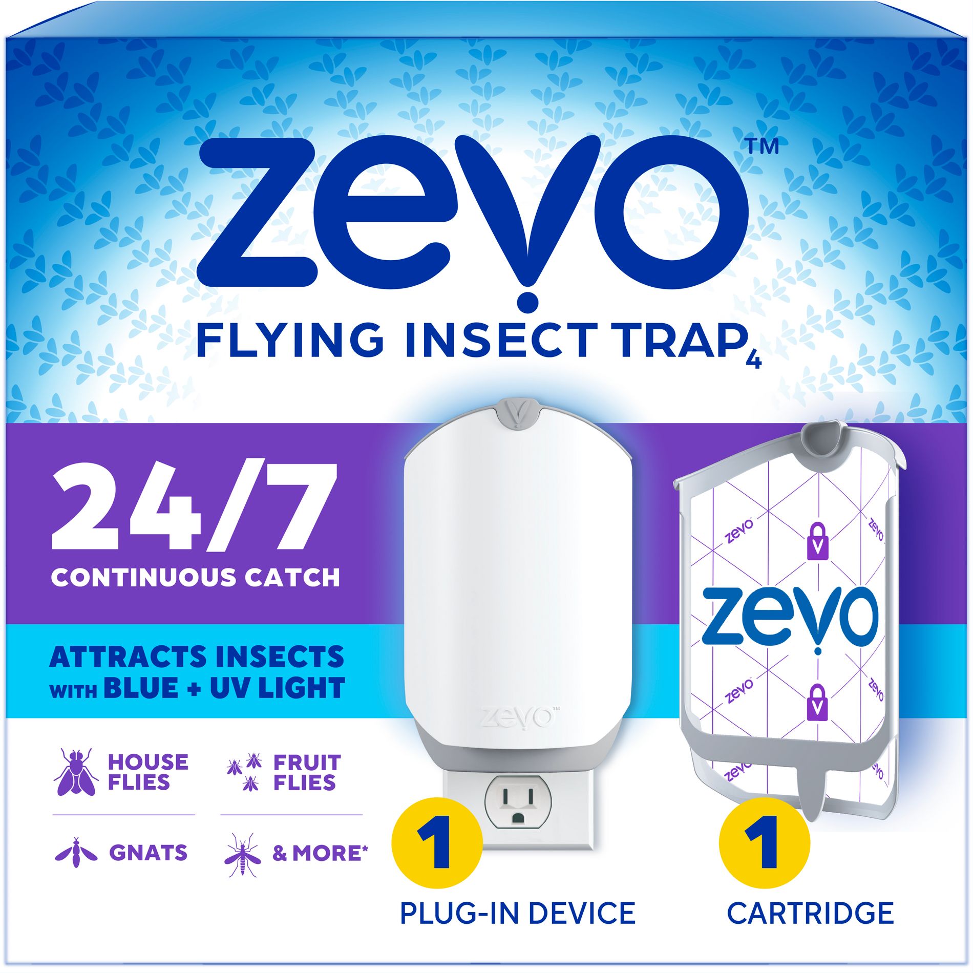 Zevo Flying Insect Indoor Light Fly Trap Starter Kit, Catches House Flies, Fruit Flies, Gnats, & More - 1 Trap + 1 Refill