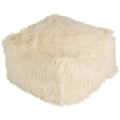 Livabliss Kharaa 14"H x 24"W x 24"D Hide Leather and Fur White Pouf