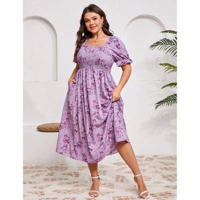 Plus Size Puff Sleeve Smocked Summer Midi Dress