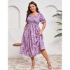 Womens Puff Sleeve Summer Maxi Dress Plus Size Smocked Ruffle Square Neck Casual Dress Cute Floral Long Dress Purple 3XL - 3 of 4
