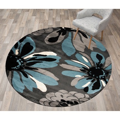 Blue and Gray Synthetic Round Floral Area Rug