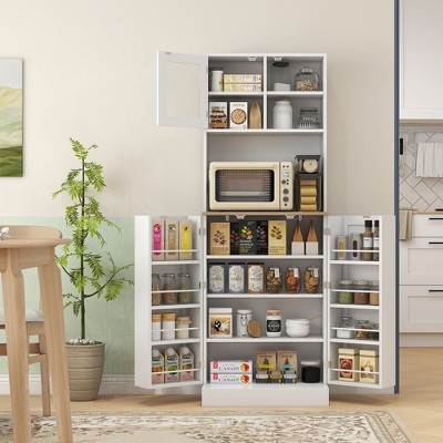 White Freestanding Kitchen Pantry Cabinet with Adjustable Shelves