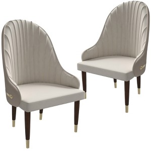 LesiureMod Upholstered Dining Chair in Leather with Ripple Back and Gold Accents in Rubberwood Elara Series Set of 2 - 1 of 4
