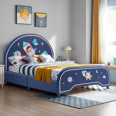 Costway Kids Upholstered Platform Bed Children Twin Size Wooden Bed Unicorn  Pattern