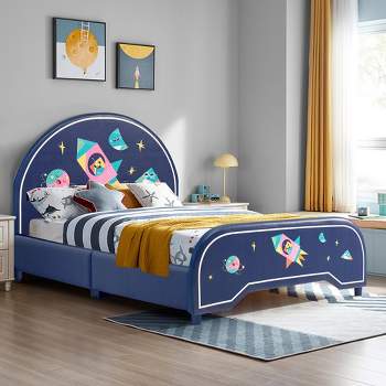 Costway Kids Upholstered Platform Bed Children Twin Size Wooden Bed Rocket Pattern
