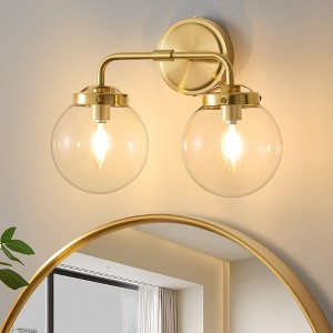 POWLIG 14.17-in 2-Light Gold Bathroom Light Fixtures Over Mirror Vanity Lighting with Clear Glass Globe Shades - 1 of 4