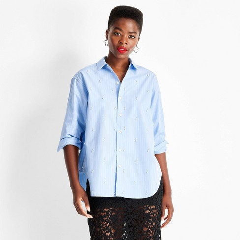 Women s Holiday Long Sleeve Collared Embellished Asymmetrical Button down Shirt Future Collective Target