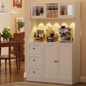 67" Tall Kitchen Hutch Storage Cabinet, Farmhosue Coffee Bar Cabinet with 3 Drawers and LED Lights, Freestanding Food Pantry Cabinet with Countertop - 1 of 4