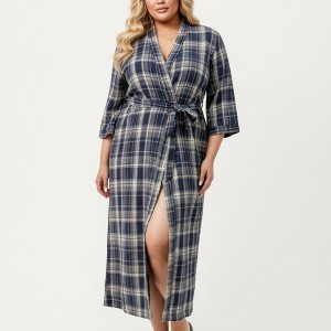 Anna-Kaci Lounge Women's PLus Size Plaid Long Robe with Brushed Texture Adjustable Waist Tie, and Three-Quarter Sleeves - 1 of 4