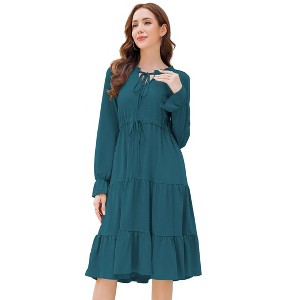 Women's Fall Long Sleeve Dresses Casual Boho Ruffle Neck Tiered A Line Flowy Wedding Guest Midi Dress - 1 of 4